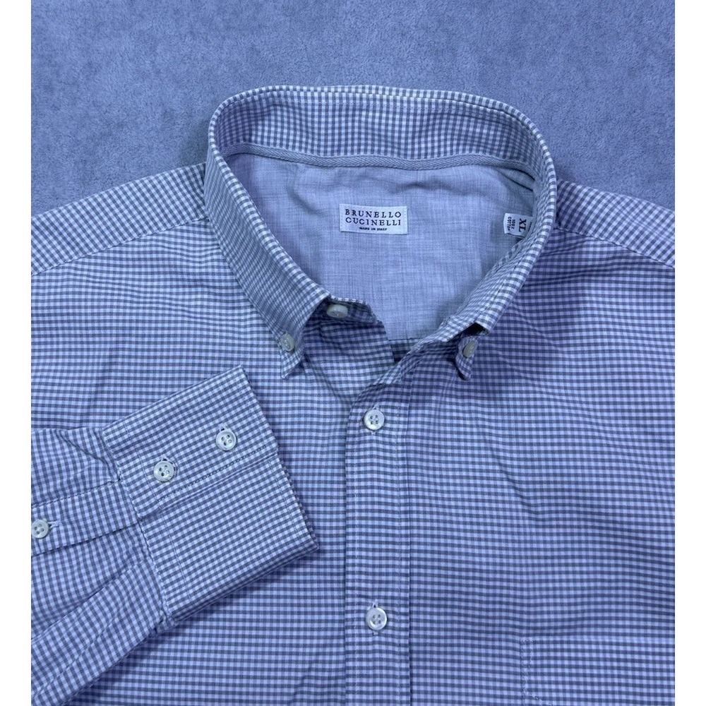 Brunello Cucinelli Shirt Mens XL Gray White Gingham Poplin Made In Italy